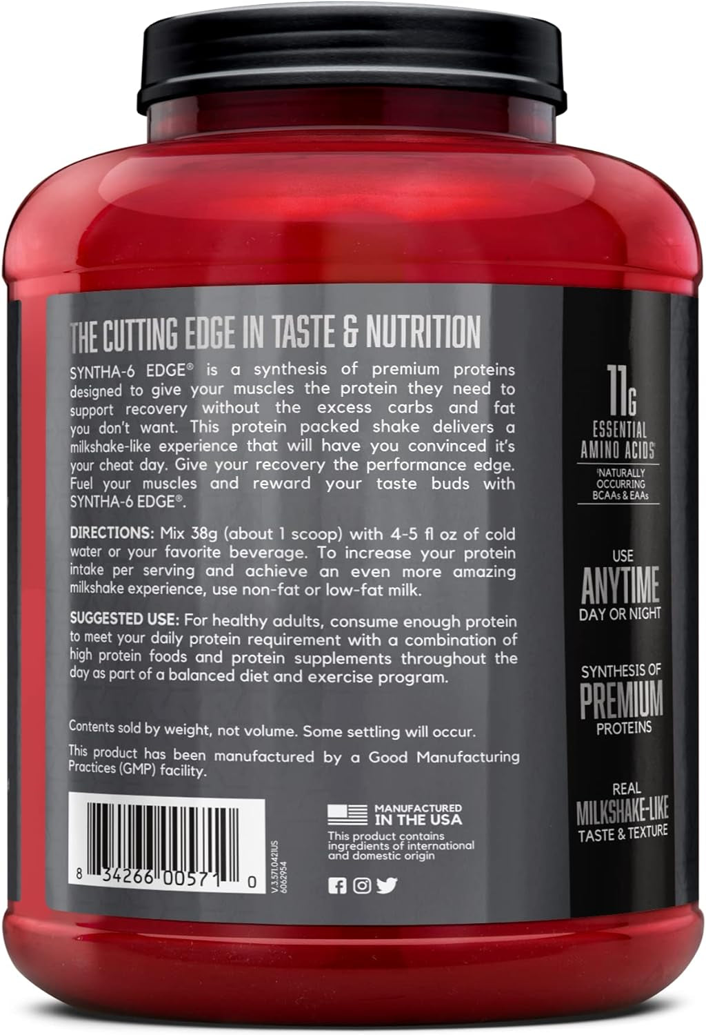 SYNTHA-6 EDGE Protein Powder, with Hydrolyzed Whey, Micellar Casein, Milk Protein Isolate, Low Sugar, 24G Protein, Strawberry Milkshake, 48 Servings