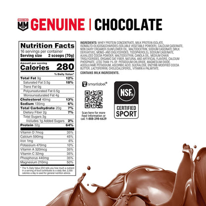 Genuine Protein Powder, Chocolate, 2.47 Pound, 16 Servings, 32G Protein, 3G Sugar, Calcium, Vitamins A, C & D, NSF Certified for Sport, Energizing Snack, Packaging May Vary